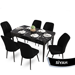 Mun Serisi 80x132 Açılabilir Mdf Siyah Mermer Desen Masa Takımı Ve 6 Siyah Sandalye Siyah