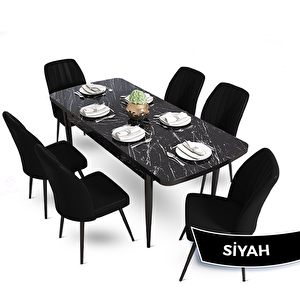 Mun Serisi 80x132 Açılabilir Mdf Siyah Mermer Desen Masa Takımı Ve 6 Siyah Sandalye Siyah
