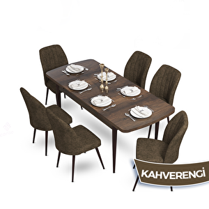 Mun Serisi 80x132 Açılabilir Mdf Barok Ahşap Desen Masa Takımı Ve 6 Kahverengi Sandalye Kahverengi