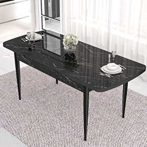 Mun Serisi 80x132 Açılabilir Mdf Siyah Mermer Desen Masa Takımı Ve 6 Kahverengi Sandalye