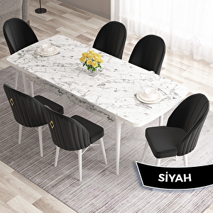 Roz Serisi 80x132 Açılabilir Beyaz Mermer Desen Masa Takımı Ve 6 Siyah Sandalye Siyah