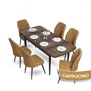 Mun Serisi 80x132 Açılabilir Mdf Barok Ahşap Desen Masa Takımı Ve 6 Cappucino Sandalye Cappucino