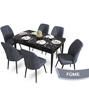 Mun Serisi 80x132 Açılabilir Mdf Siyah Mermer Desen Masa Takımı Ve 6 Füme Sandalye Füme