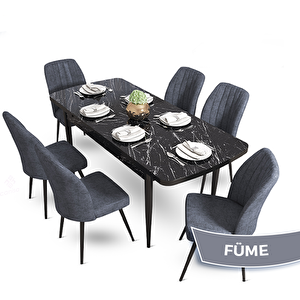 Mun Serisi 80x132 Açılabilir Mdf Siyah Mermer Desen Masa Takımı Ve 6 Füme Sandalye Füme