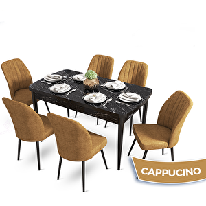 Mun Serisi 80x132 Açılabilir Mdf Siyah Mermer Desen Masa Takımı Ve 6 Cappucino Sandalye Cappucino