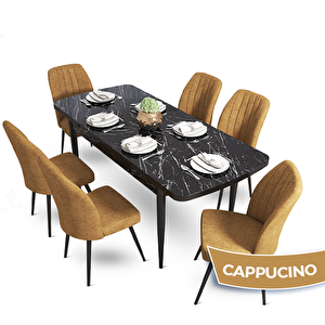 Mun Serisi 80x132 Açılabilir Mdf Siyah Mermer Desen Masa Takımı Ve 6 Cappucino Sandalye Cappucino