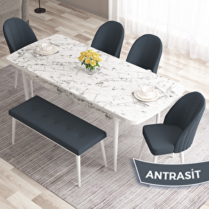 Roz Serisi 80x132 Açılabilir Beyaz Mermer Desen Masa Takımı 4 Antrasit Sandalye Ve 1 Bench Antrasit