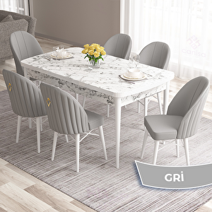 Roz Serisi 80x132 Açılabilir Beyaz Mermer Desen Masa Takımı Ve 6 Gri Sandalye Gri