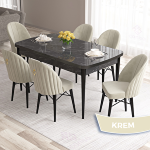 Roz Serisi 80x132 Açılabilir Siyah Mermer Desen Masa Takımı Ve 6 Krem Sandalye Krem