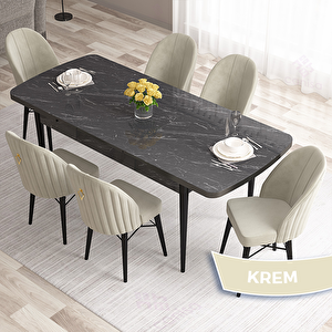 Roz Serisi 80x132 Açılabilir Siyah Mermer Desen Masa Takımı Ve 6 Krem Sandalye Krem
