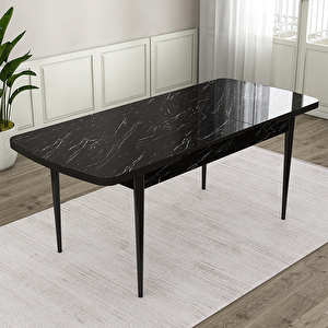 Roz Serisi 80x132 Açılabilir Siyah Mermer Desen Masa Takımı Ve 6 Krem Sandalye