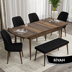 Rio Serisi 80x132 Açılabilir Mdf Barok Ahşap Desen Masa Takımı 4 Siyah Sandalye Ve 1 Bench Siyah
