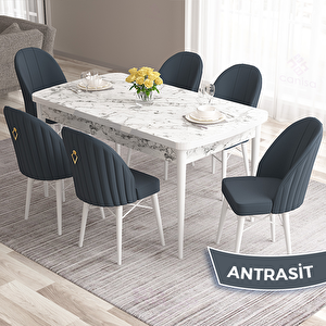 Roz Serisi 80x132 Açılabilir Beyaz Mermer Desen Masa Takımı Ve 6 Antrasit Sandalye Antrasit