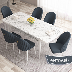 Roz Serisi 80x132 Açılabilir Beyaz Mermer Desen Masa Takımı Ve 6 Antrasit Sandalye Antrasit