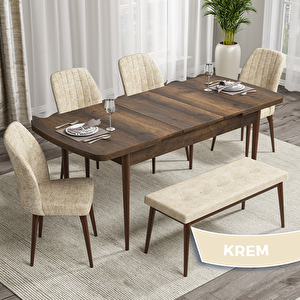 Rio Serisi 80x132 Açılabilir Mdf Barok Ahşap Desen Masa Takımı 4 Krem Sandalye Ve 1 Bench Krem