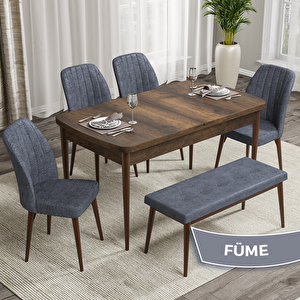Rio Serisi 80x132 Açılabilir Mdf Barok Ahşap Desen Masa Takımı 4 Füme Sandalye Ve 1 Bench Füme