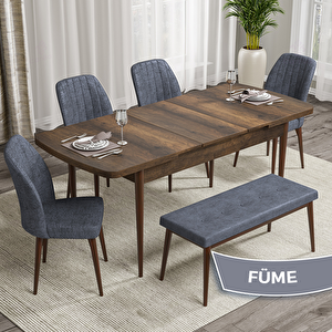 Rio Serisi 80x132 Açılabilir Mdf Barok Ahşap Desen Masa Takımı 4 Füme Sandalye Ve 1 Bench Füme