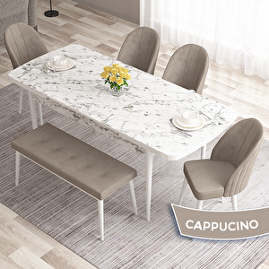 Roz Serisi 80x132 Açılabilir Beyaz Mermer Desen Masa Takımı 4 Cappucino Sandalye Ve 1 Bench Cappucino