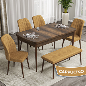 Rio Serisi 80x132 Açılabilir Mdf Barok Ahşap Desen Masa Takımı 4 Cappucino Sandalye Ve 1 Bench Cappucino