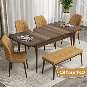 Rio Serisi 80x132 Açılabilir Mdf Barok Ahşap Desen Masa Takımı 4 Cappucino Sandalye Ve 1 Bench Cappucino