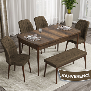 Rio Serisi 80x132 Açılabilir Mdf Barok Ahşap Desen Masa Takımı 4 Kahverengi Sandalye Ve 1 Bench Kahverengi