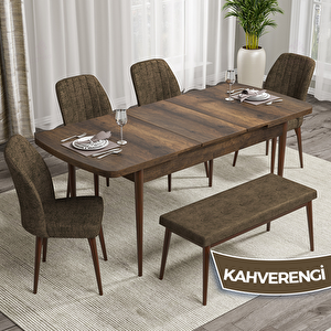 Rio Serisi 80x132 Açılabilir Mdf Barok Ahşap Desen Masa Takımı 4 Kahverengi Sandalye Ve 1 Bench Kahverengi