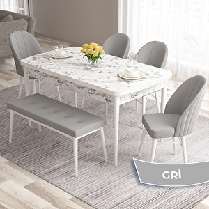 Roz Serisi 80x132 Açılabilir Beyaz Mermer Desen Masa Takımı 4 Gri Sandalye Ve 1 Bench Gri