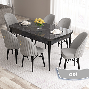 Roz Serisi 80x132 Açılabilir Siyah Mermer Desen Masa Takımı Ve 6 Gri Sandalye Gri