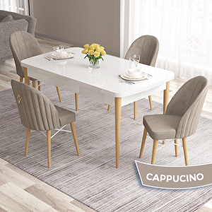 Roz Serisi 80x132 Açılabilir Beyaz Doğal Ahşap Ayak Masa Takımı Ve 4 Cappucino Sandalye Cappucino