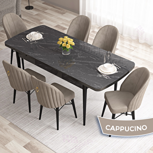 Roz Serisi 80x132 Açılabilir Siyah Mermer Desen Masa Takımı Ve 6 Cappucino Sandalye Cappucino