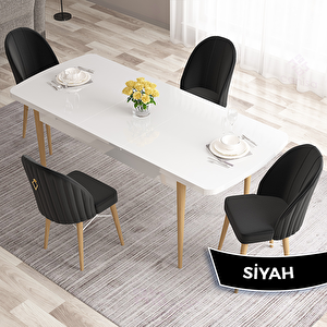 Roz Serisi 80x132 Açılabilir Beyaz Doğal Ahşap Ayak Masa Takımı Ve 4 Siyah Sandalye Siyah
