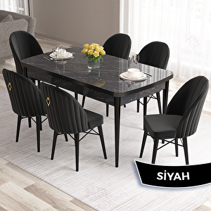 Roz Serisi 80x132 Açılabilir Siyah Mermer Desen Masa Takımı Ve 6 Siyah Sandalye Siyah