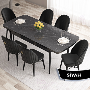 Roz Serisi 80x132 Açılabilir Siyah Mermer Desen Masa Takımı Ve 6 Siyah Sandalye Siyah