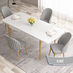 Roz Serisi 80x132 Açılabilir Beyaz Doğal Ahşap Ayak Masa Takımı Ve 4 Gri Sandalye Gri
