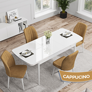 Rio Serisi 80x132 Açılabilir Mdf Beyaz Masa Takımı Ve 4 Cappucino Sandalye Cappucino