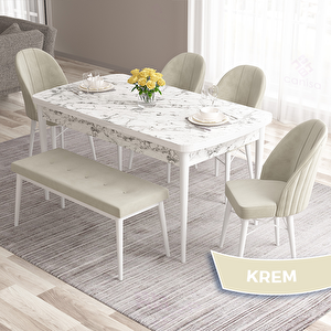 Roz Serisi 80x132 Açılabilir Beyaz Mermer Desen Masa Takımı 4 Krem Sandalye Ve 1 Bench Krem