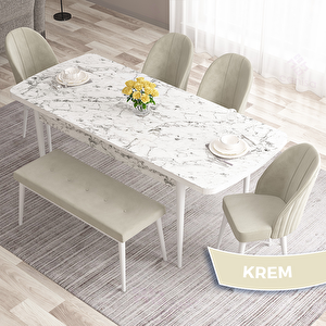 Roz Serisi 80x132 Açılabilir Beyaz Mermer Desen Masa Takımı 4 Krem Sandalye Ve 1 Bench Krem