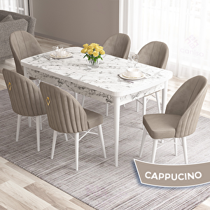 Roz Serisi 80x132 Açılabilir Beyaz Mermer Desen Masa Takımı Ve 6 Cappucino Sandalye Cappucino