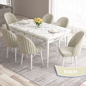 Roz Serisi 80x132 Açılabilir Beyaz Mermer Desen Masa Takımı Ve 6 Krem Sandalye Krem