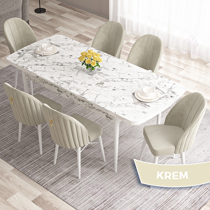 Roz Serisi 80x132 Açılabilir Beyaz Mermer Desen Masa Takımı Ve 6 Krem Sandalye Krem