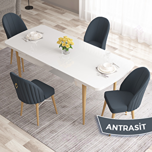 Roz Serisi 80x132 Açılabilir Beyaz Doğal Ahşap Ayak Masa Takımı Ve 4 Antrasit Sandalye Antrasit