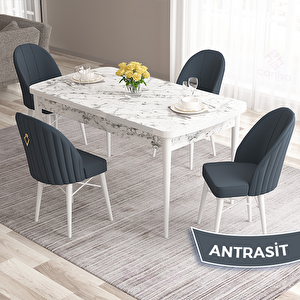 Roz Serisi 80x132 Açılabilir Beyaz Mermer Desen Masa Takımı Ve 4 Antrasit Sandalye Antrasit