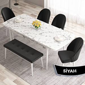 Roz Serisi 80x132 Açılabilir Beyaz Mermer Desen Masa Takımı 4 Siyah Sandalye Ve 1 Bench Siyah