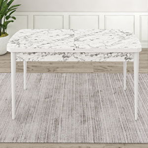 Roz Serisi 80x132 Açılabilir Beyaz Mermer Desen Masa Takımı 4 Siyah Sandalye Ve 1 Bench Siyah