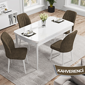 Rio Serisi 80x132 Açılabilir Mdf Beyaz Masa Takımı Ve 4 Kahverengi Sandalye Kahverengi