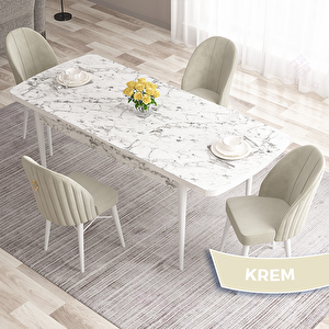 Roz Serisi 80x132 Açılabilir Beyaz Mermer Desen Masa Takımı Ve 4 Krem Sandalye Krem