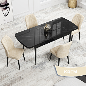 Rio Serisi 80x132 Açılabilir Mdf Siyah Mermer Desen Masa Takımı Ve 4 Krem Sandalye Krem