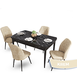 Mun Serisi 80x132 Açılabilir Mdf Siyah Mermer Desen Masa Takımı Ve 4 Krem Sandalye Krem