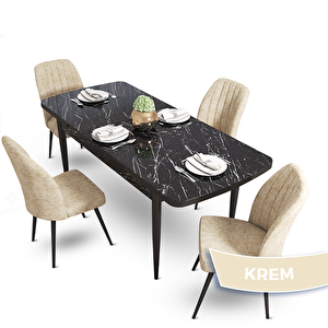 Mun Serisi 80x132 Açılabilir Mdf Siyah Mermer Desen Masa Takımı Ve 4 Krem Sandalye Krem