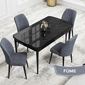 Rio Serisi 80x132 Açılabilir Mdf Siyah Mermer Desen Masa Takımı Ve 4 Füme Sandalye Füme